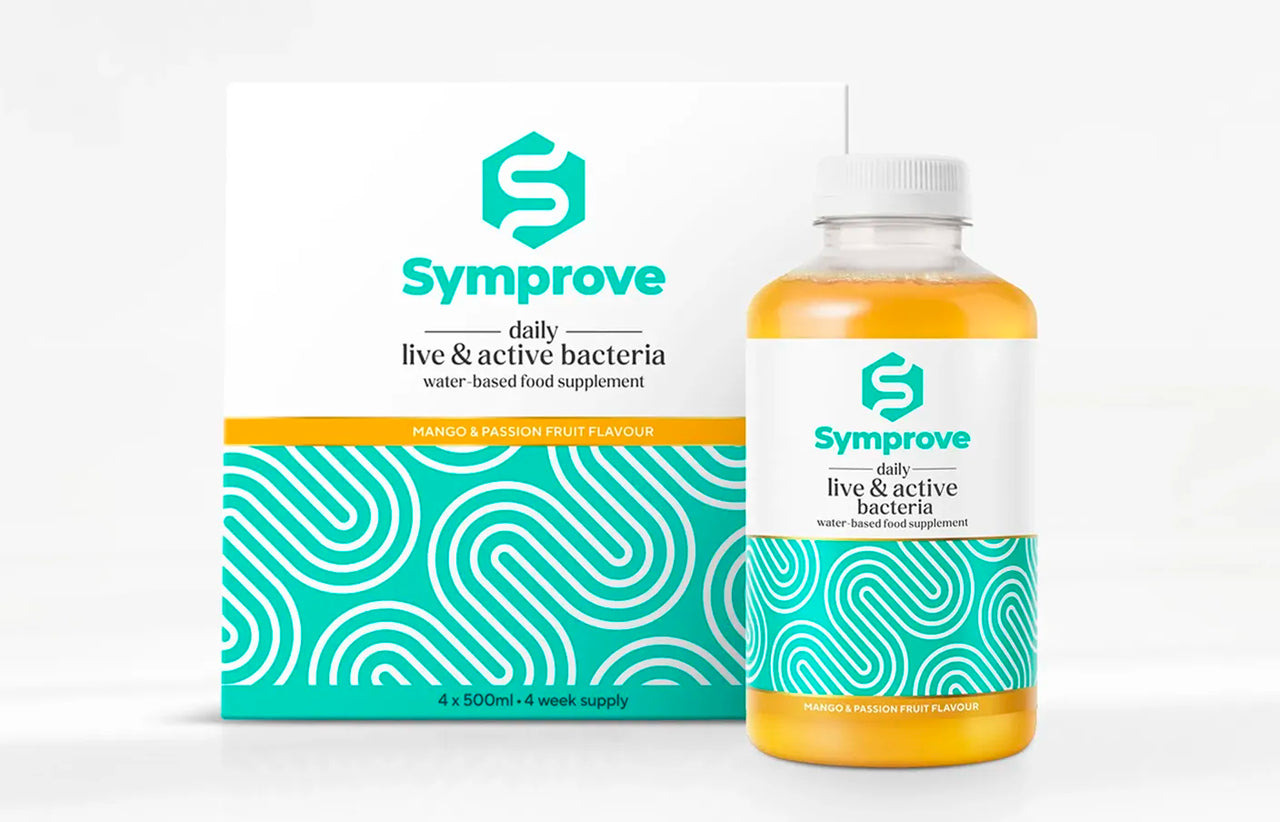 Symprove bottle and four-week pack, mango and passion fruit flavour